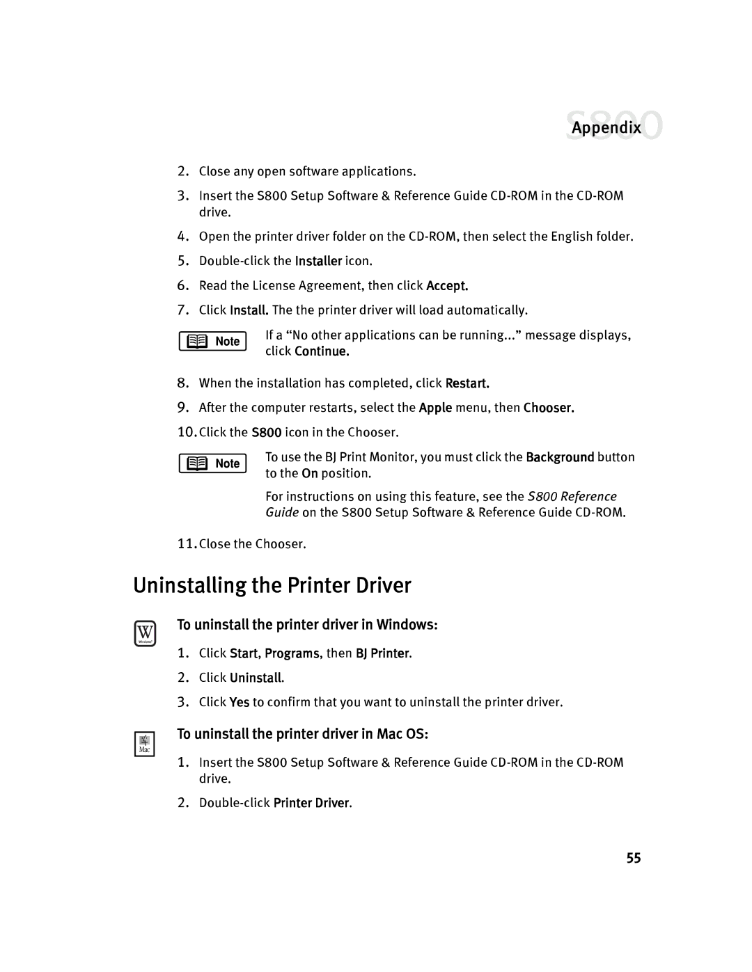 Canon 800 manual Uninstalling the Printer Driver, To uninstall the printer driver in Windows 