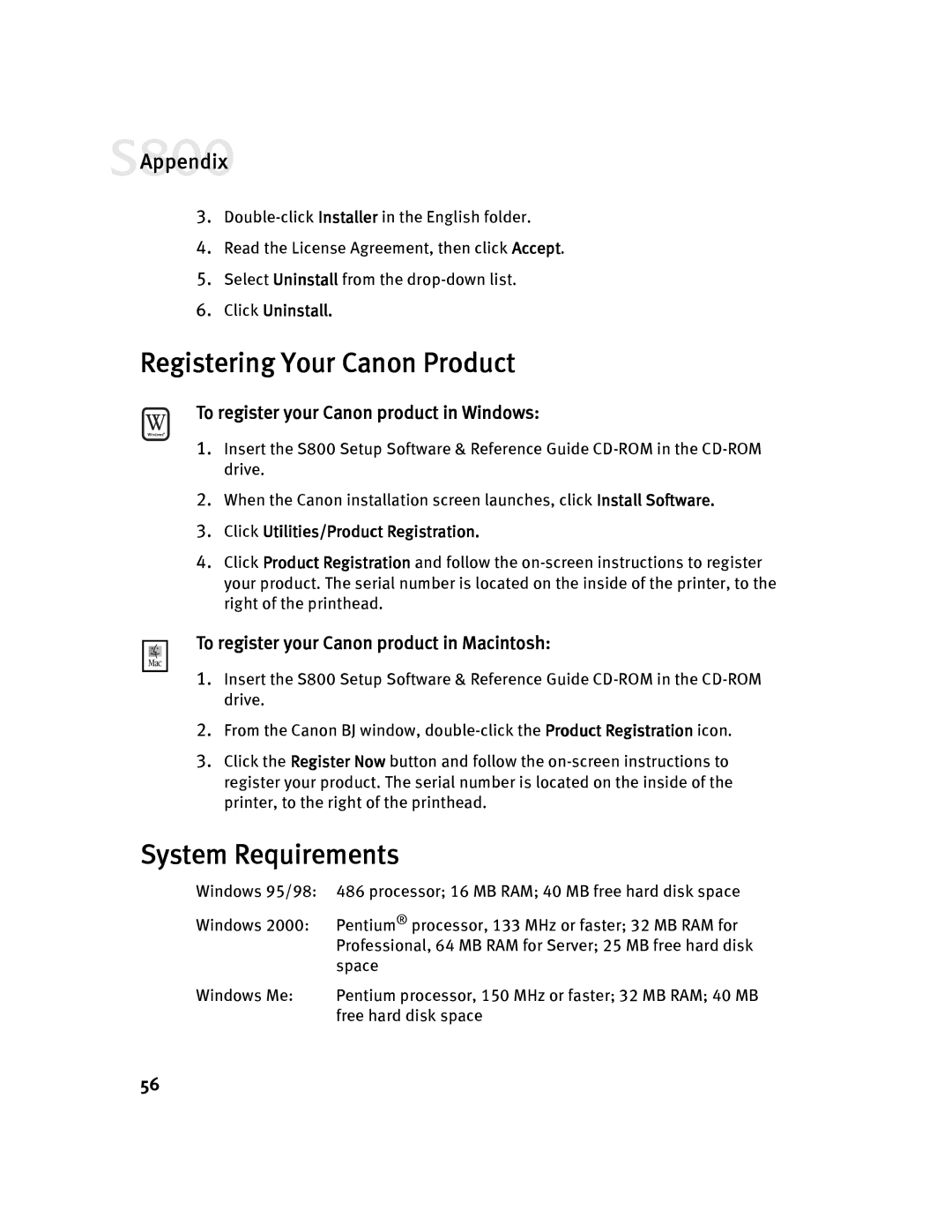 Canon 800 manual Registering Your Canon Product, System Requirements, To register your Canon product in Windows 