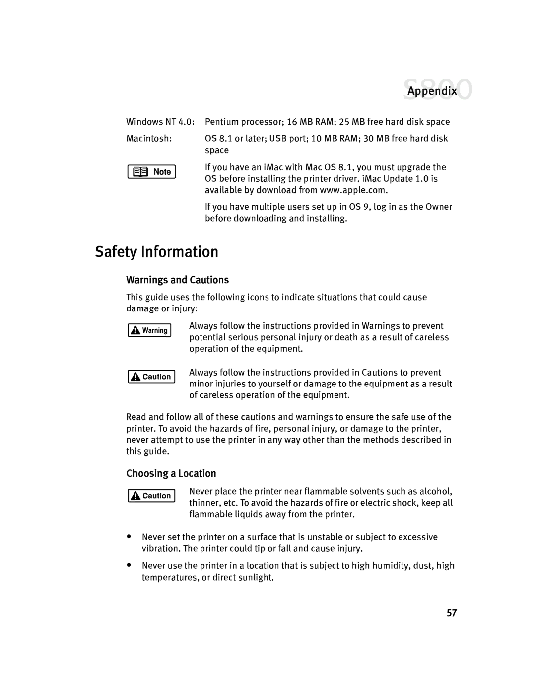 Canon 800 manual Safety Information, Choosing a Location 