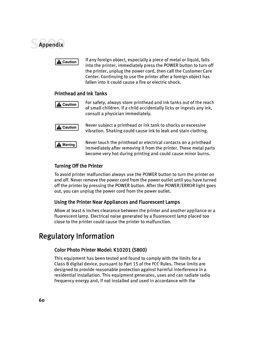 Canon Regulatory Information, Printhead and Ink Tanks, Turning Off the Printer, Color Photo Printer Model K10201 S800 