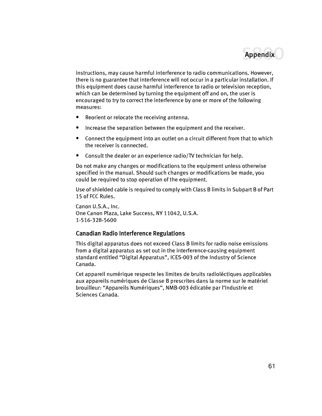 Canon 800 manual Canadian Radio Interference Regulations 