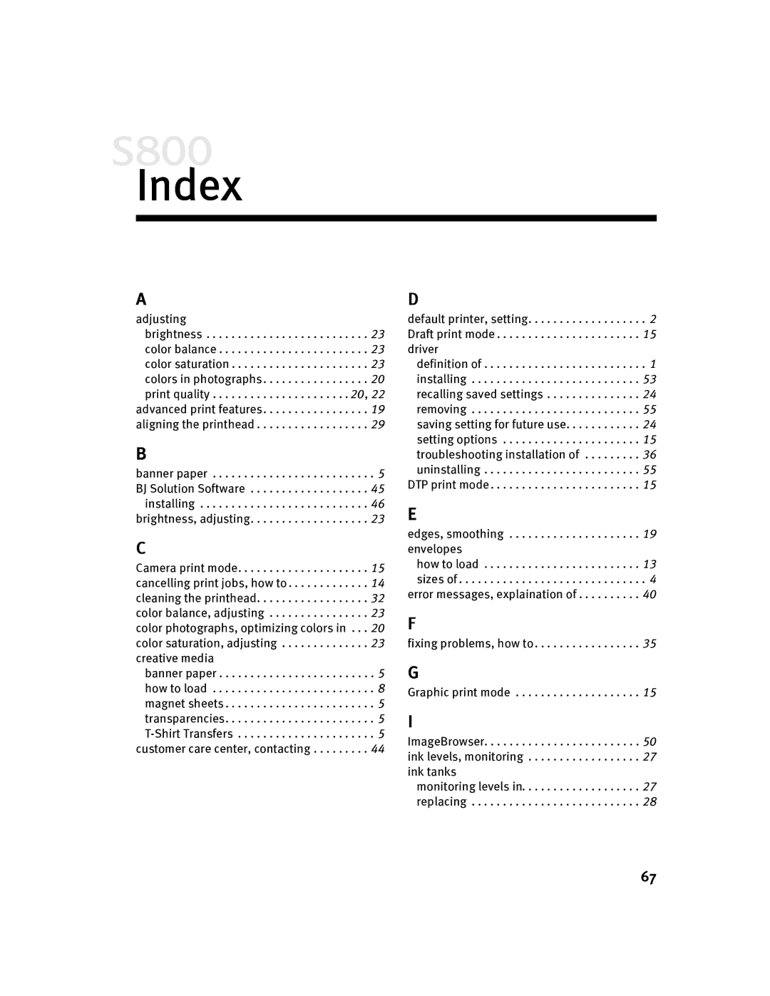 Canon 800 manual Index, Adjusting 