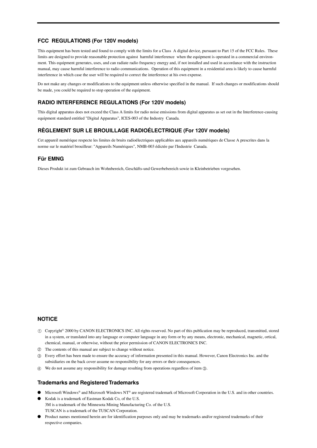 Canon 800 manual FCC Regulations For 120V models 