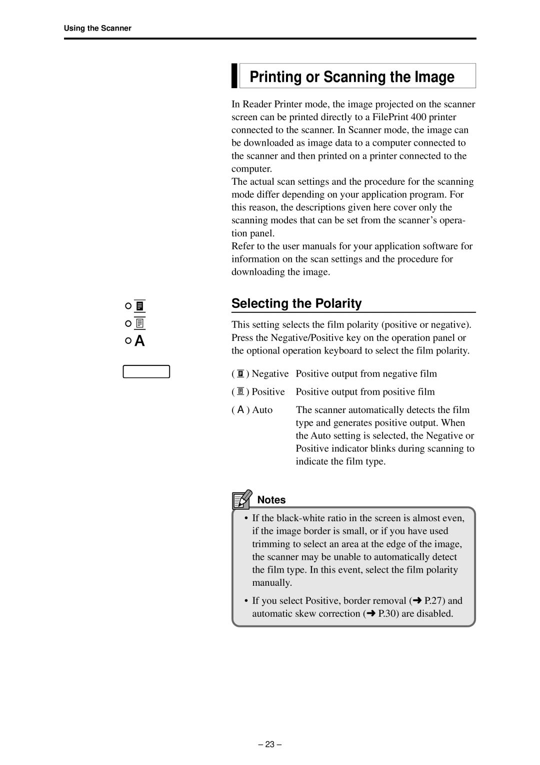 Canon 800 manual Printing or Scanning the Image, Selecting the Polarity 