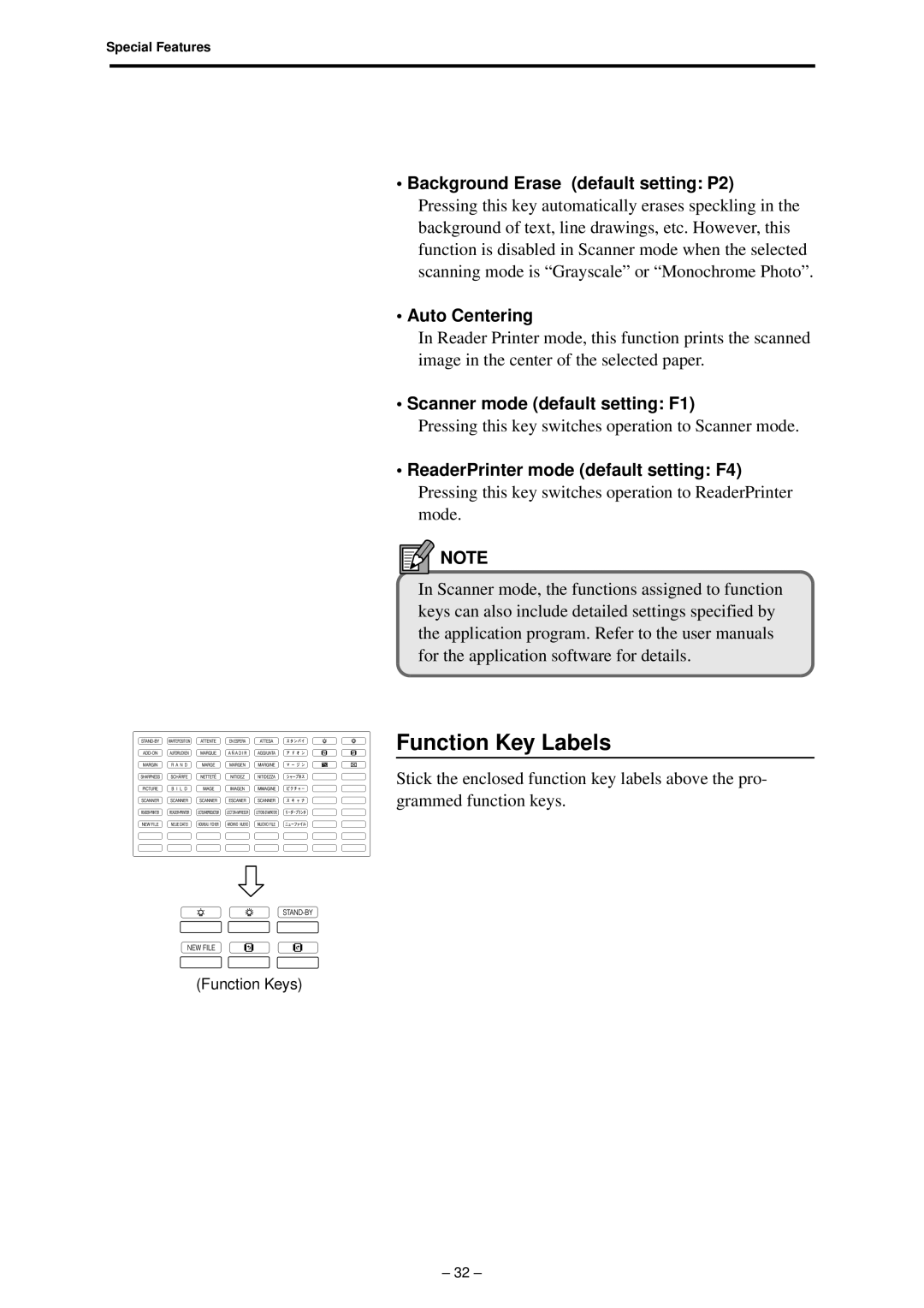 Canon 800 manual Function Key Labels, Background Erase default setting P2, Auto Centering, Scanner mode default setting F1 