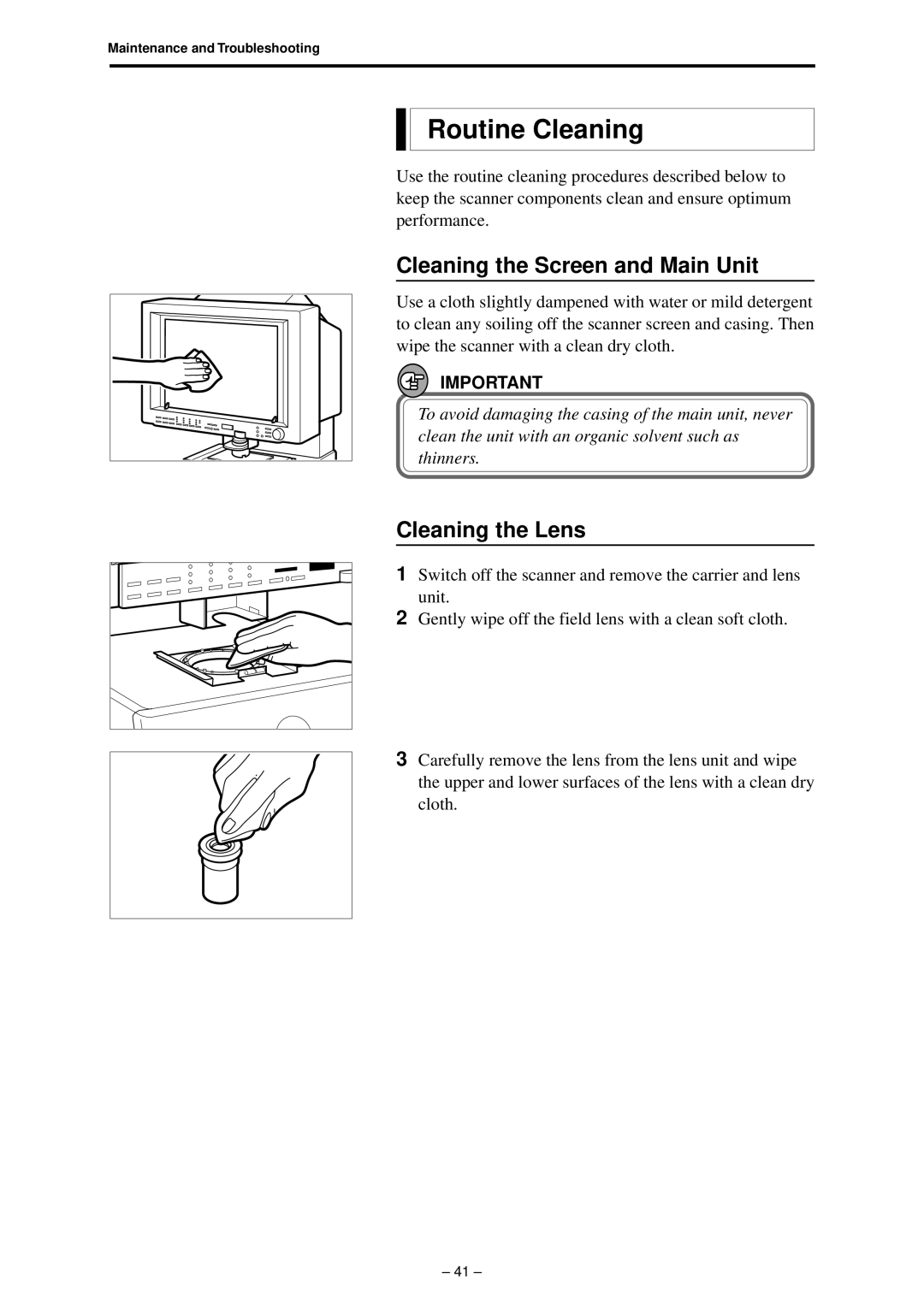 Canon 800 manual Routine Cleaning, Cleaning the Screen and Main Unit, Cleaning the Lens 