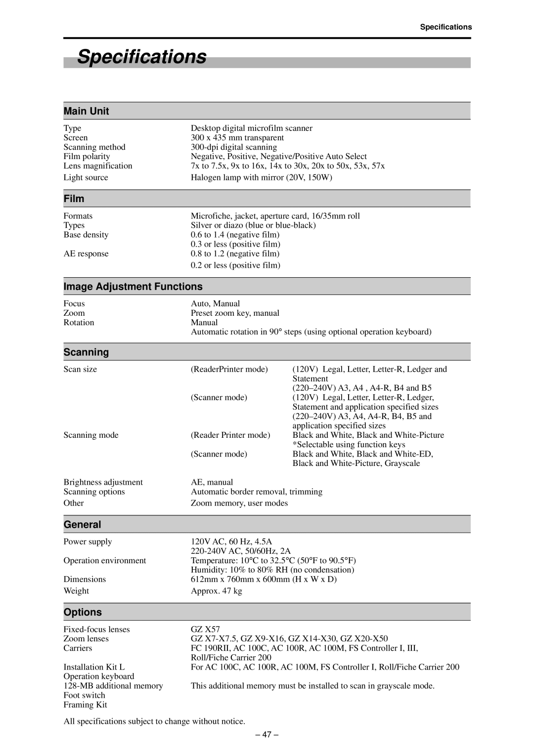 Canon 800 manual Specifications 