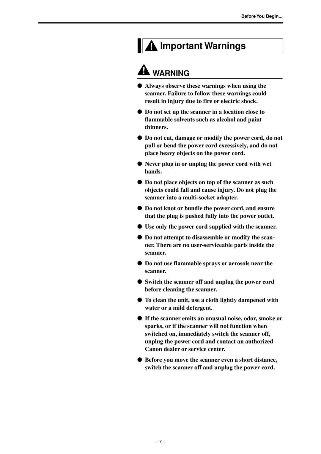 Canon 800 manual Important Warnings 