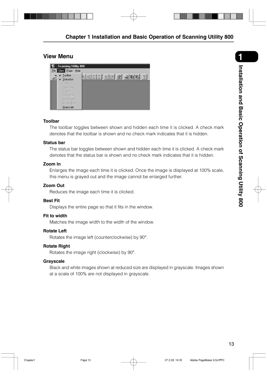 Canon 800II manual Toolbar, Status bar, Zoom Out, Best Fit, Fit to width, Rotate Left, Rotate Right, Grayscale 