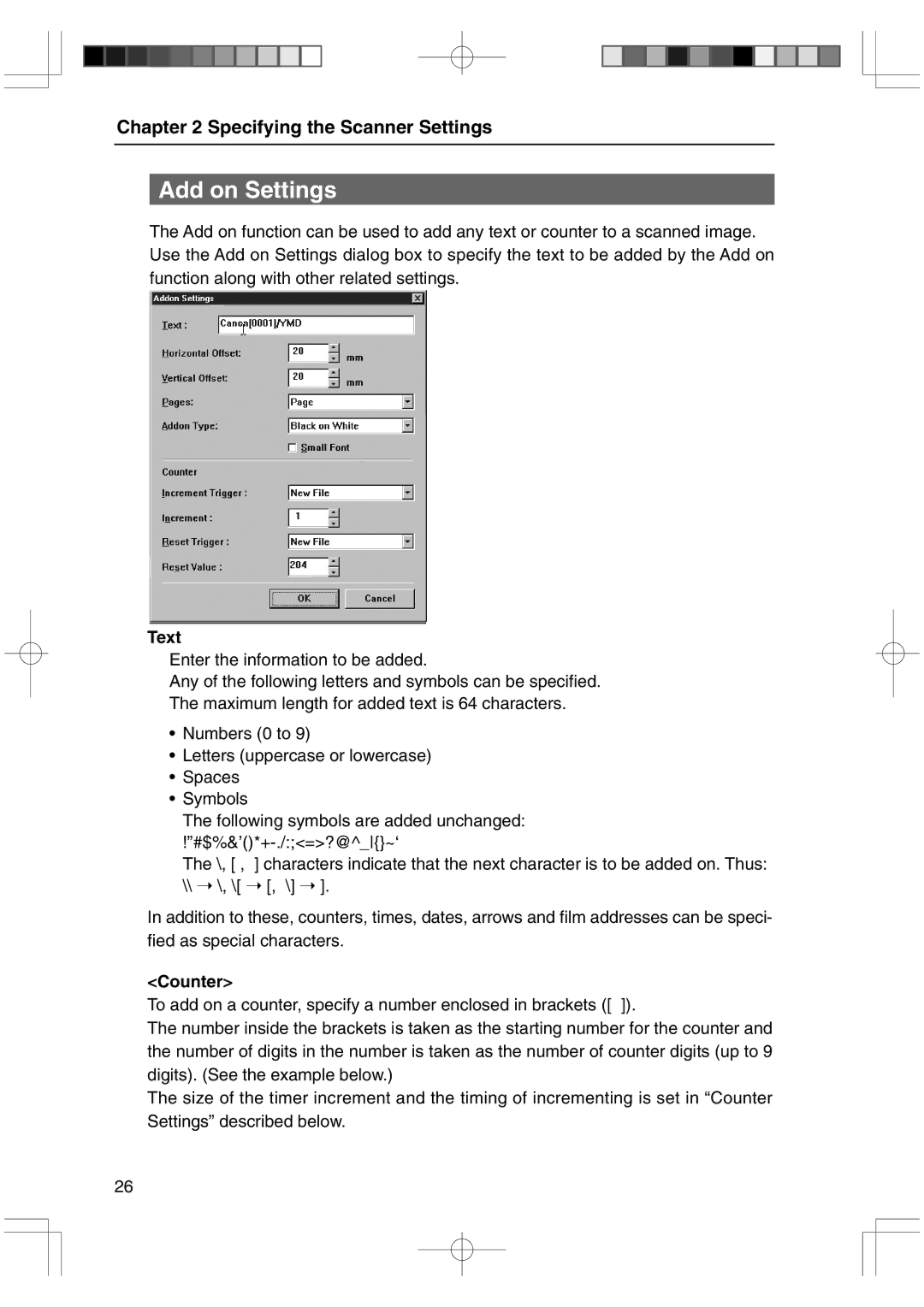 Canon 800II manual Add on Settings, Text, Counter 