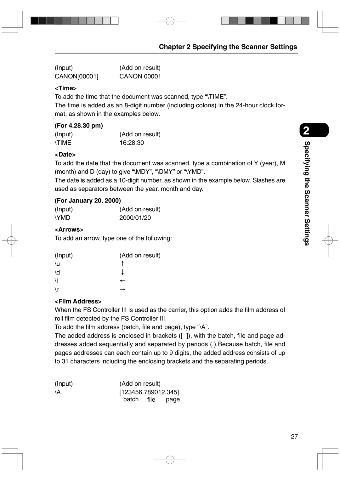 Canon 800II manual Time, For 4.28.30 pm, Date, For January 20, Arrows, Film Address 