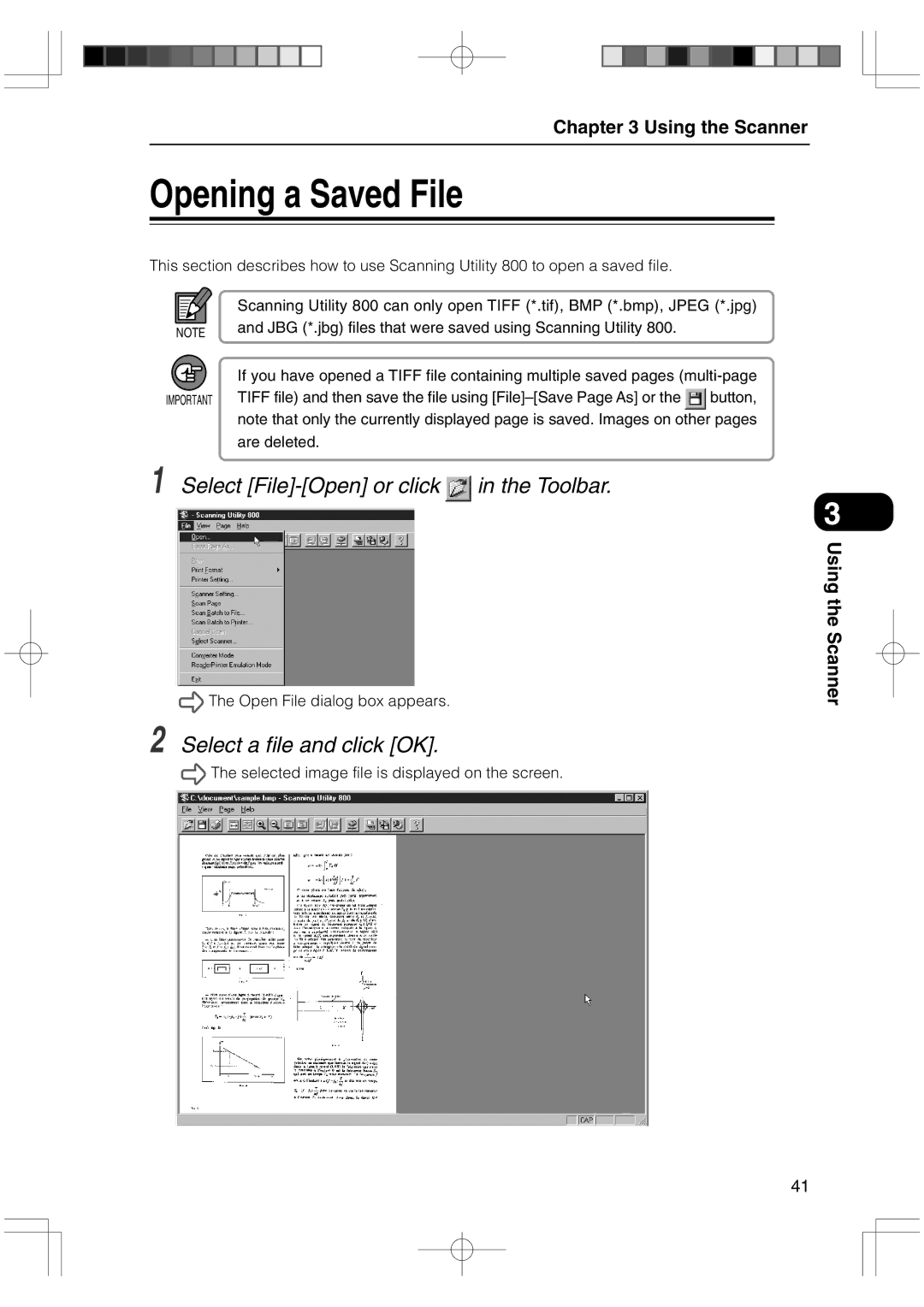 Canon 800II manual Opening a Saved File, Select File-Open or click in the Toolbar, Select a file and click OK 