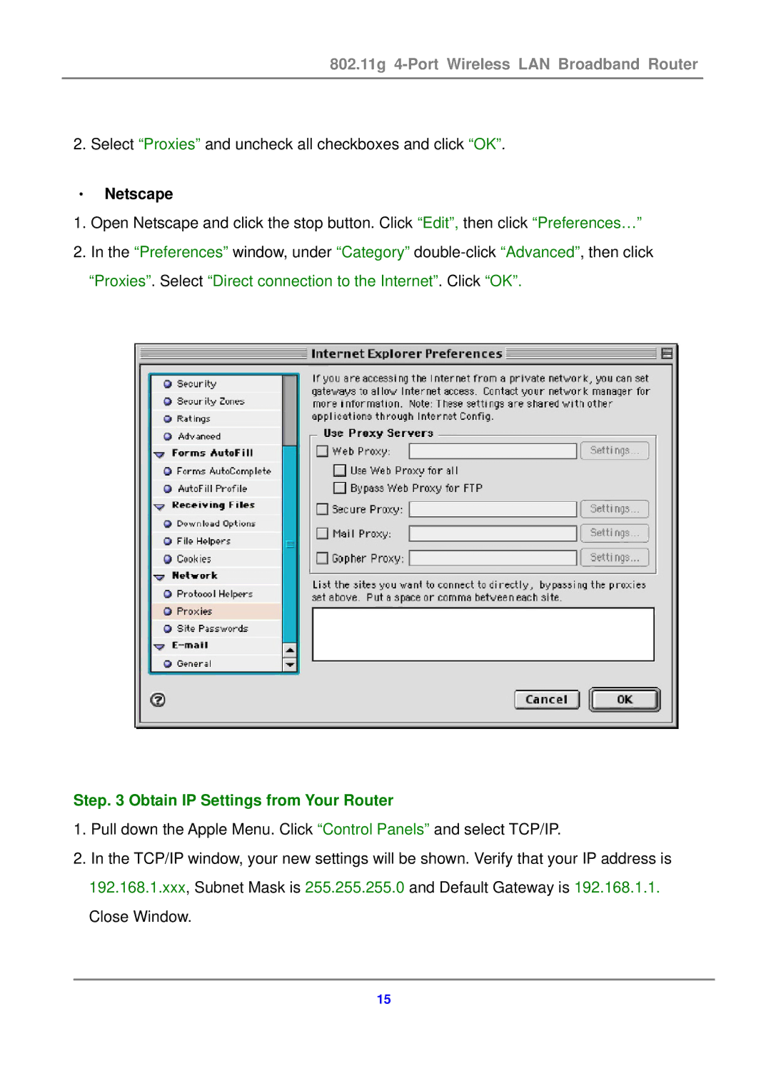 Canon 802.11g 54M WLAN user manual Select Proxies and uncheck all checkboxes and click OK 