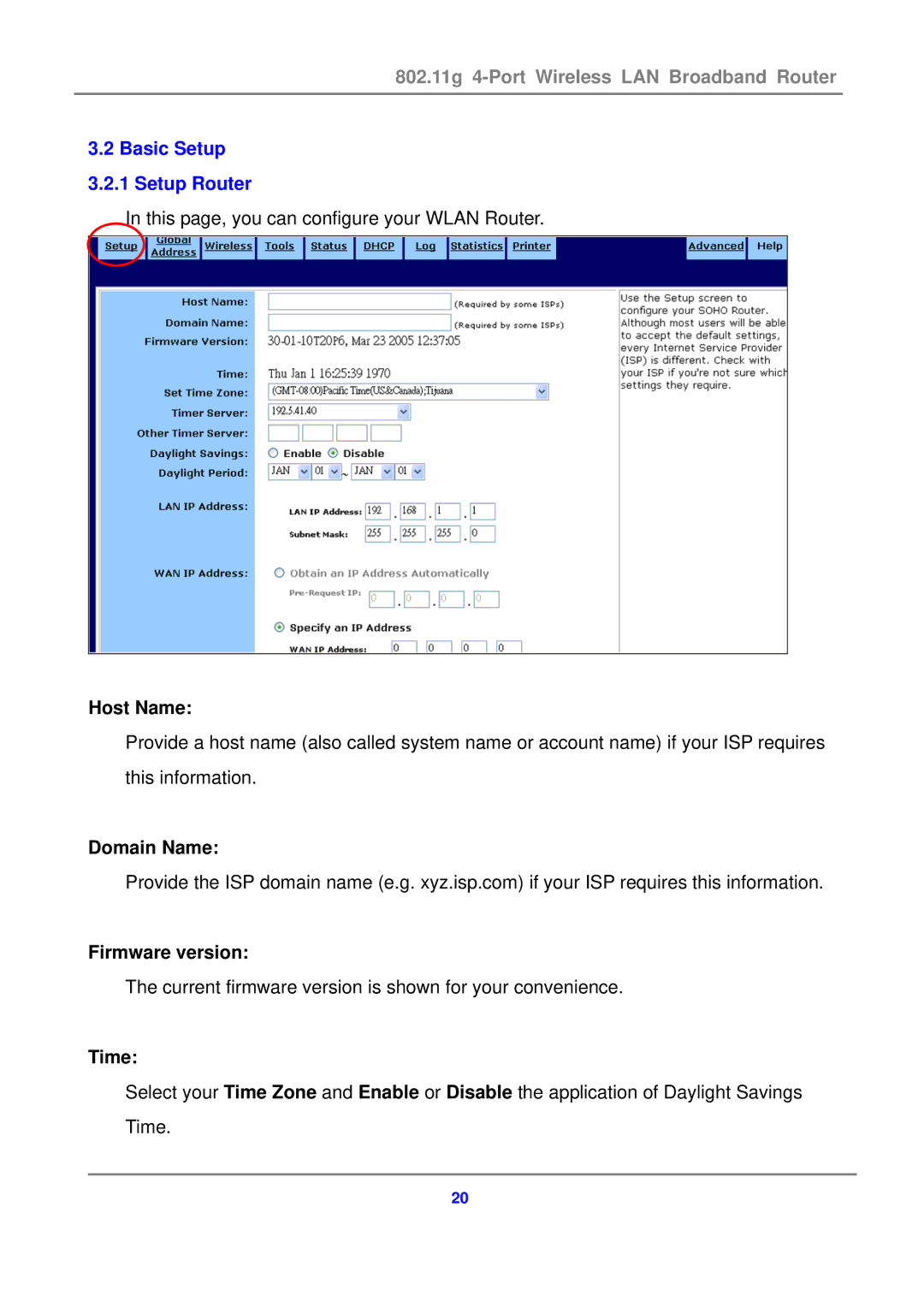 Canon 802.11g 54M WLAN user manual Basic Setup 3.2.1 Setup Router, Host Name, Domain Name Firmware version, Time 