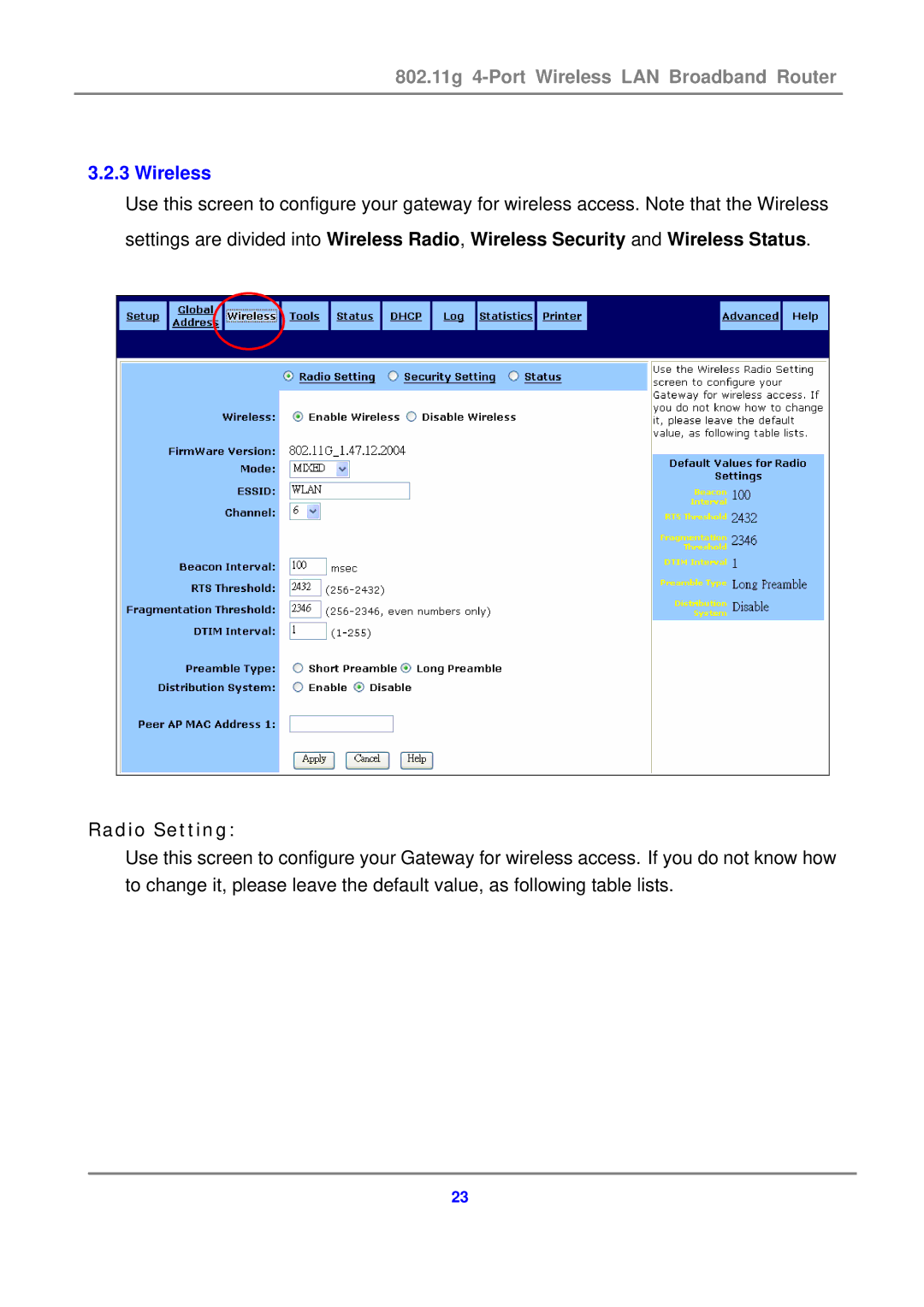 Canon 802.11g 54M WLAN user manual Wireless, Radio Setting 