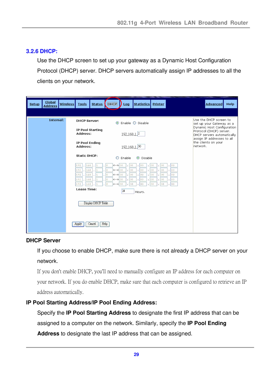 Canon 802.11g 54M WLAN user manual Dhcp Server, IP Pool Starting Address/IP Pool Ending Address 