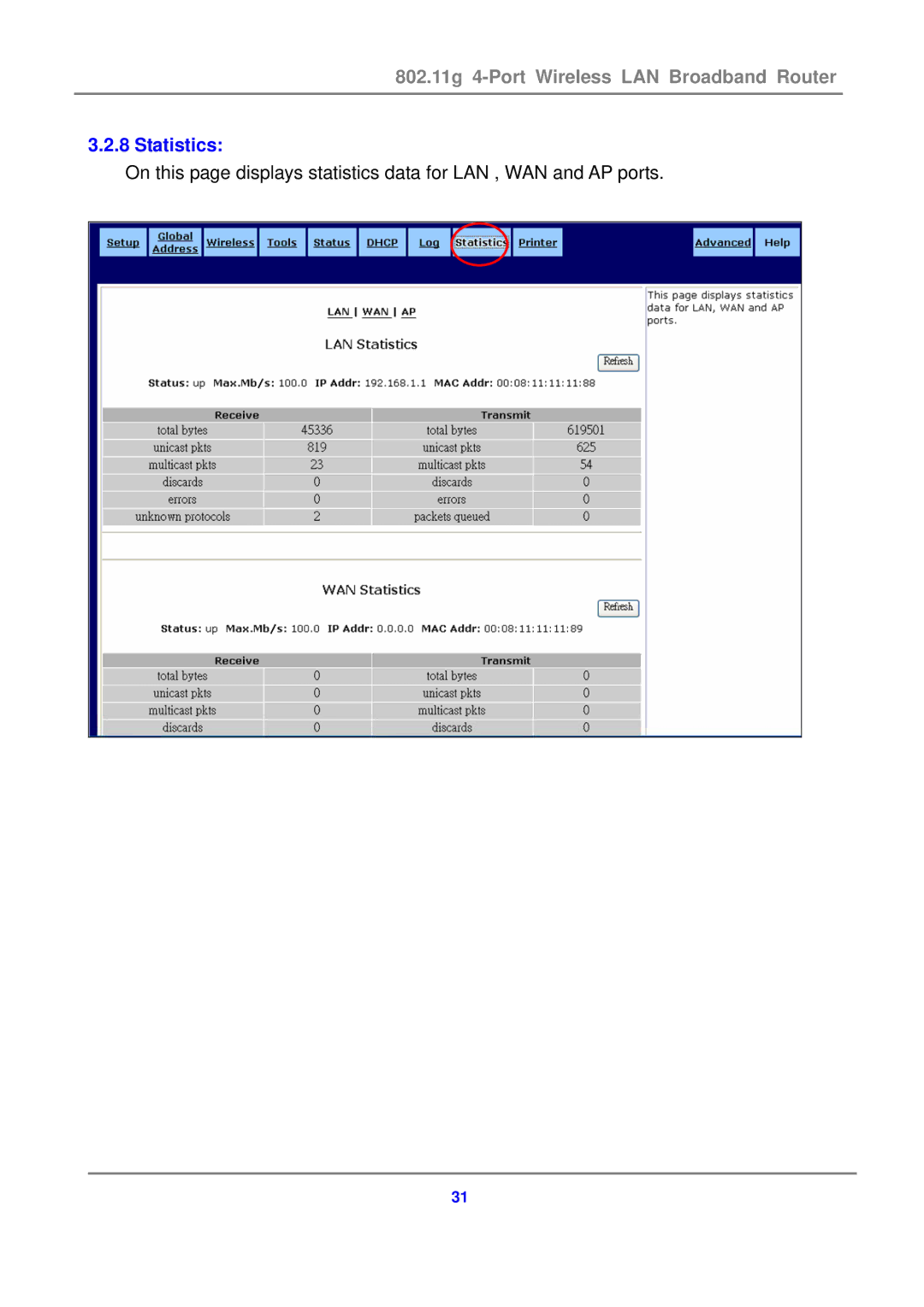 Canon 802.11g 54M WLAN user manual Statistics 