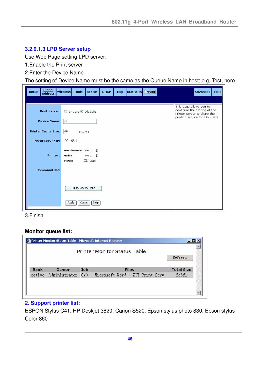 Canon 802.11g 54M WLAN user manual LPD Server setup, Monitor queue list, Support printer list 