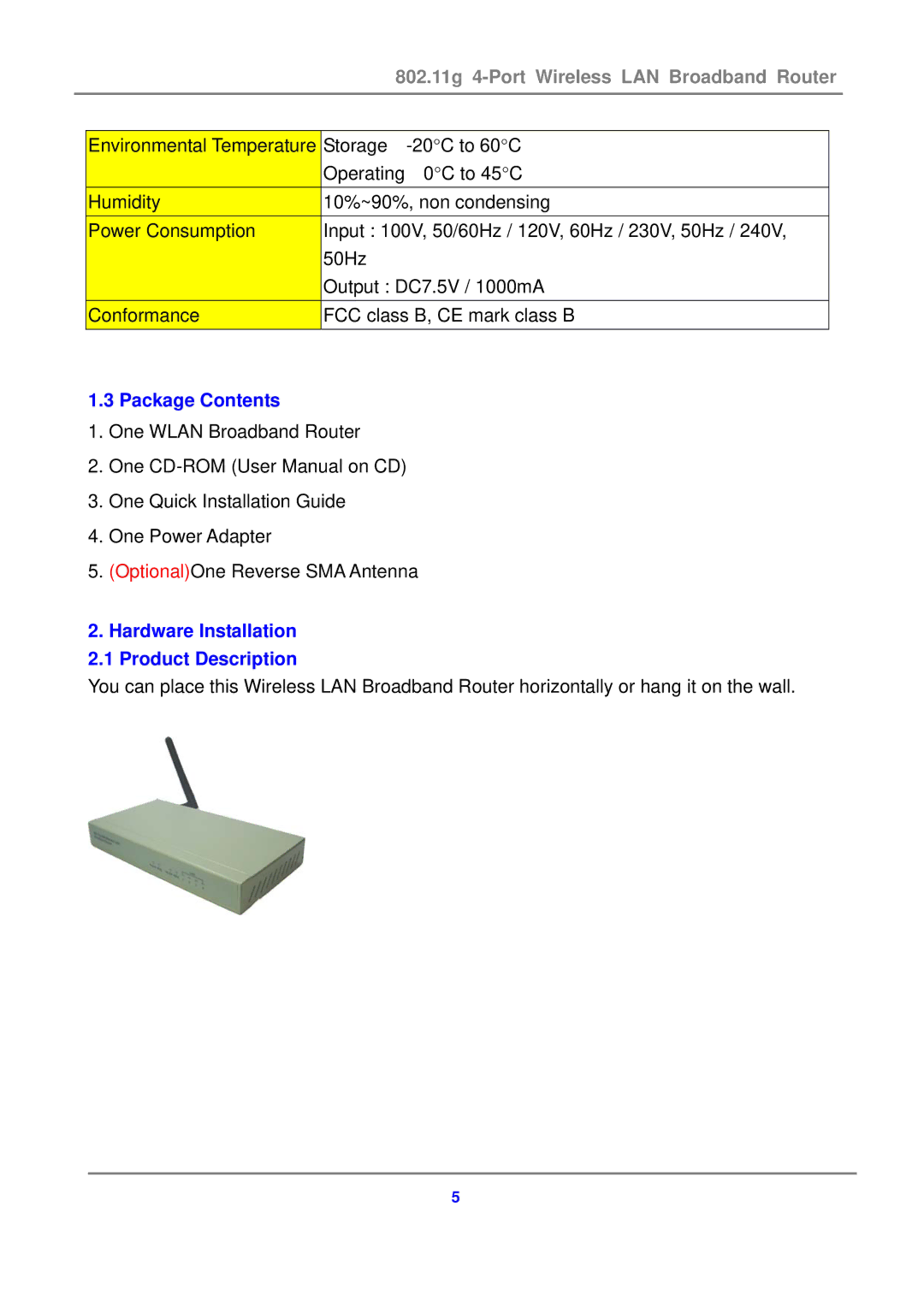 Canon 802.11g 54M WLAN user manual Package Contents, Hardware Installation 2.1 Product Description 