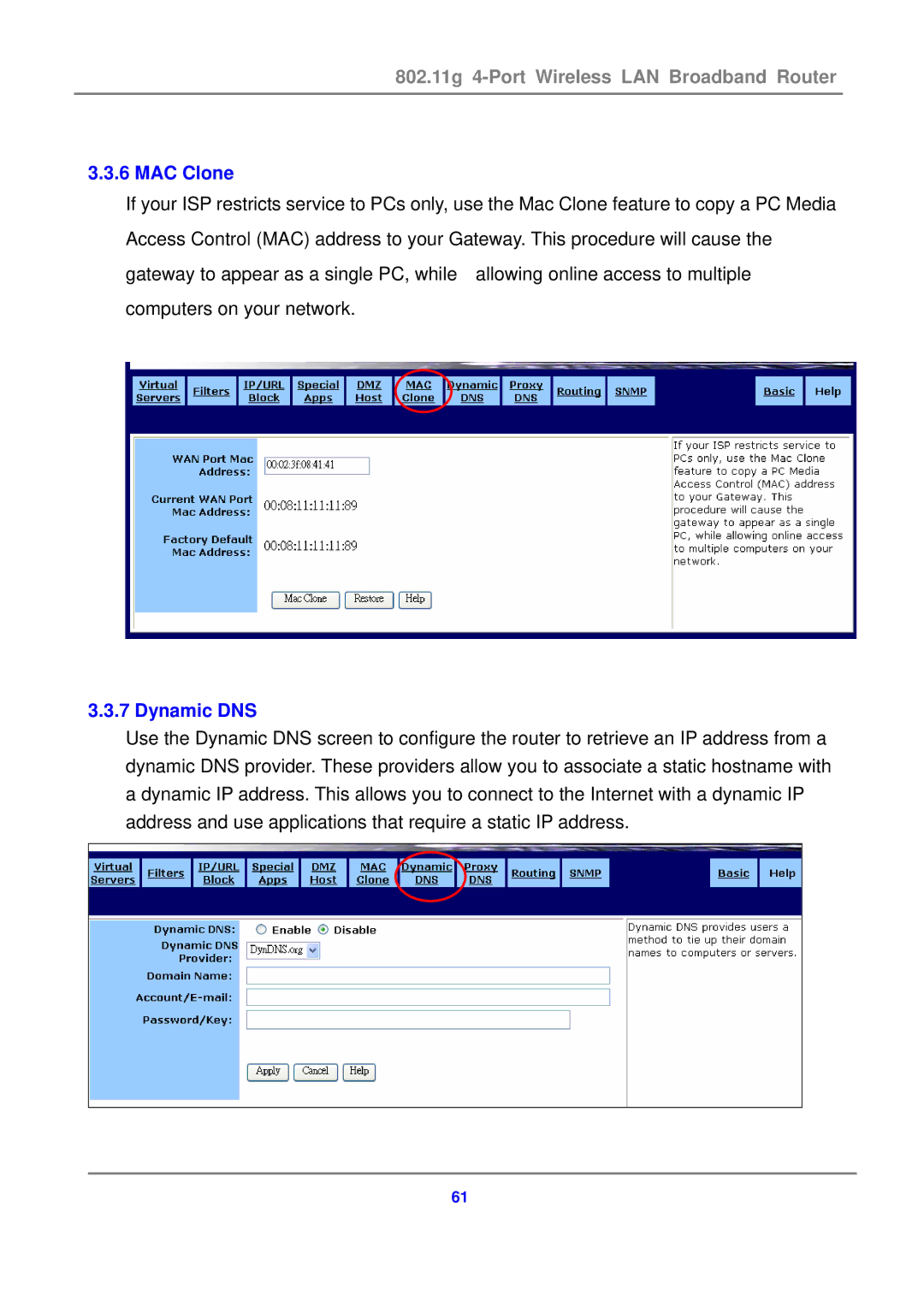 Canon 802.11g 54M WLAN user manual MAC Clone, Dynamic DNS 