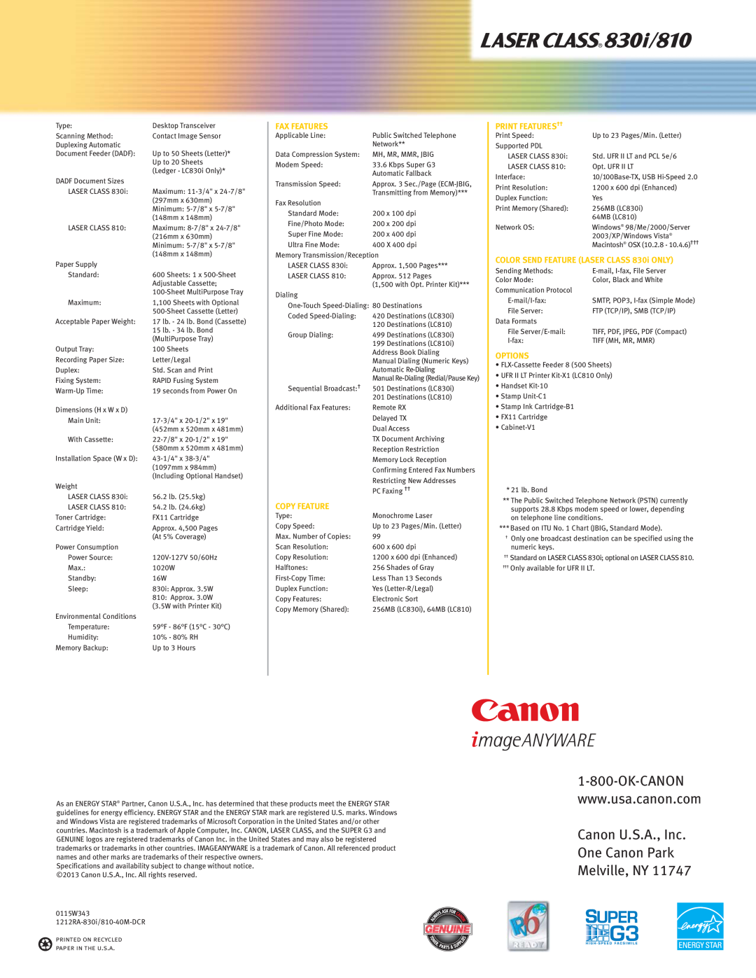 Canon 810, 830I manual Fax Features, Copy Feature, Print Features††, COLOR SEND FEATURE LASER CLASS 830i ONLY, Options 