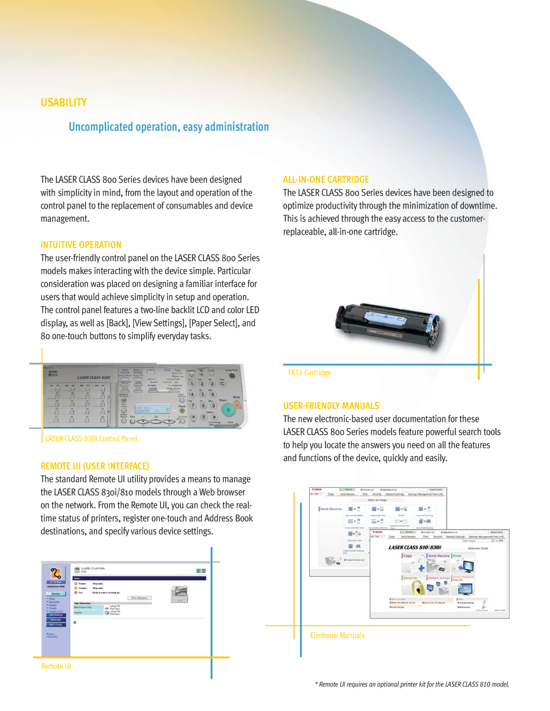 Canon 830I, 810 manual Usability, Intuitive Operation, Remote UI User Interface, ALL-IN-ONE Cartridge, USER-FRIENDLY Manuals 