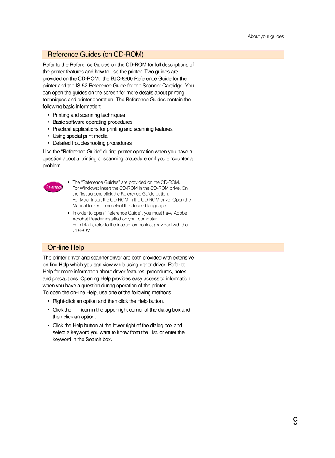 Canon 8200 manual Reference Guides on CD-ROM, On-line Help 