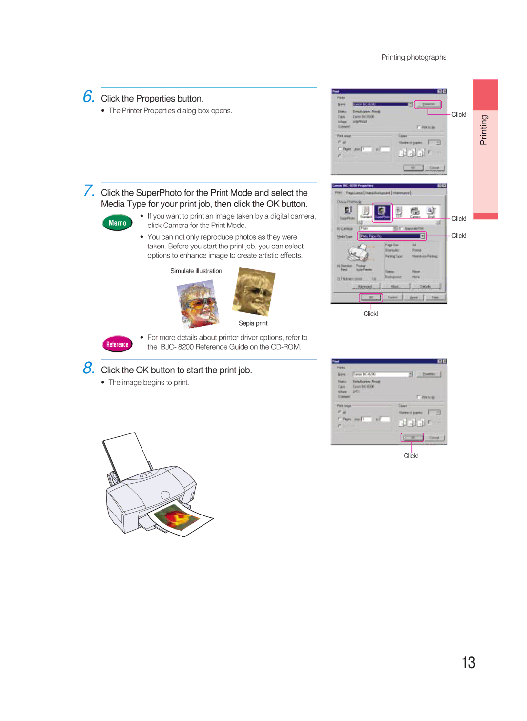 Canon 8200 manual Click the Properties button, Printing, Click the OK button to start the print job 