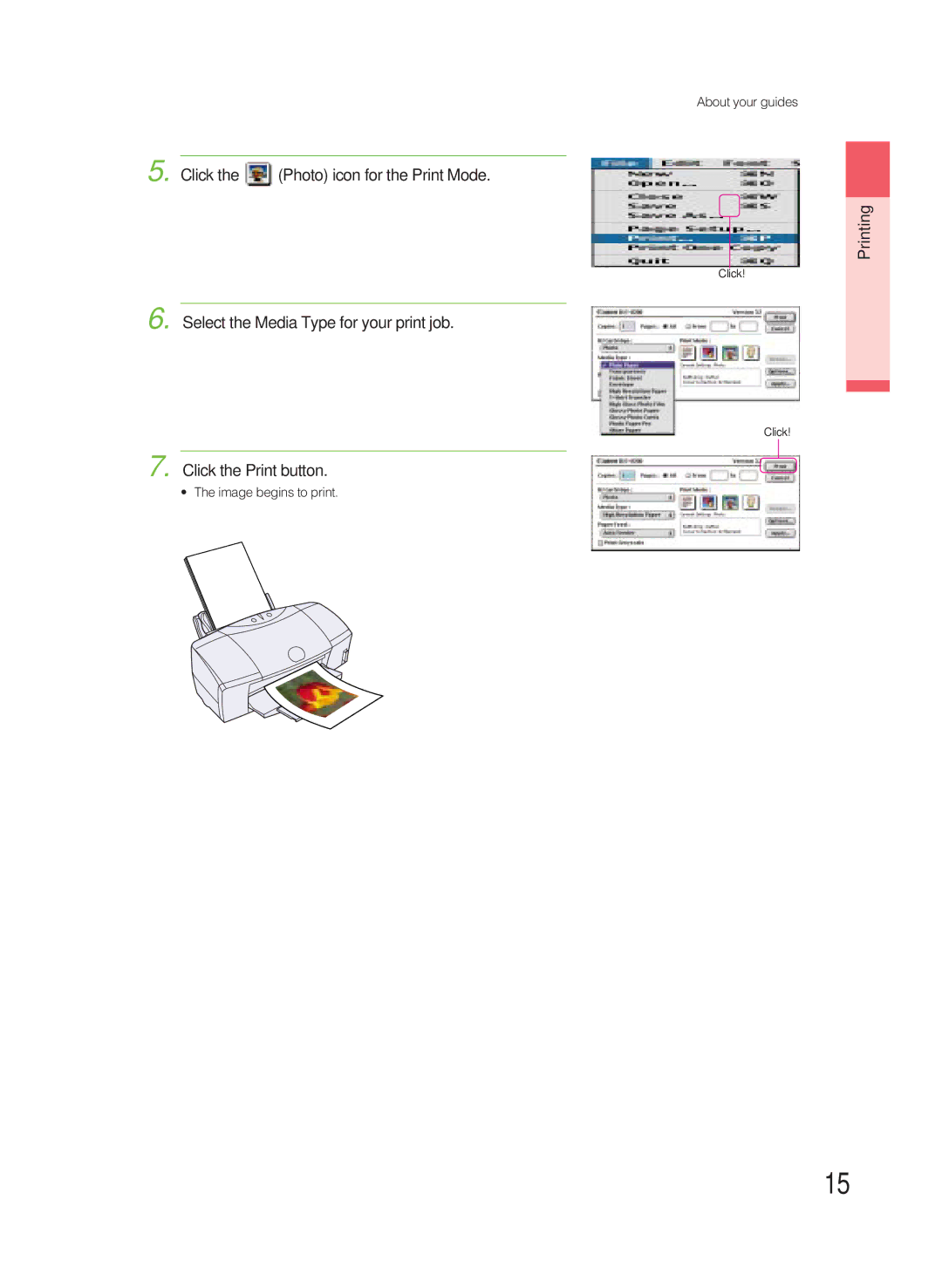 Canon 8200 manual Click the Photo icon for the Print Mode Printing, Select the Media Type for your print job 