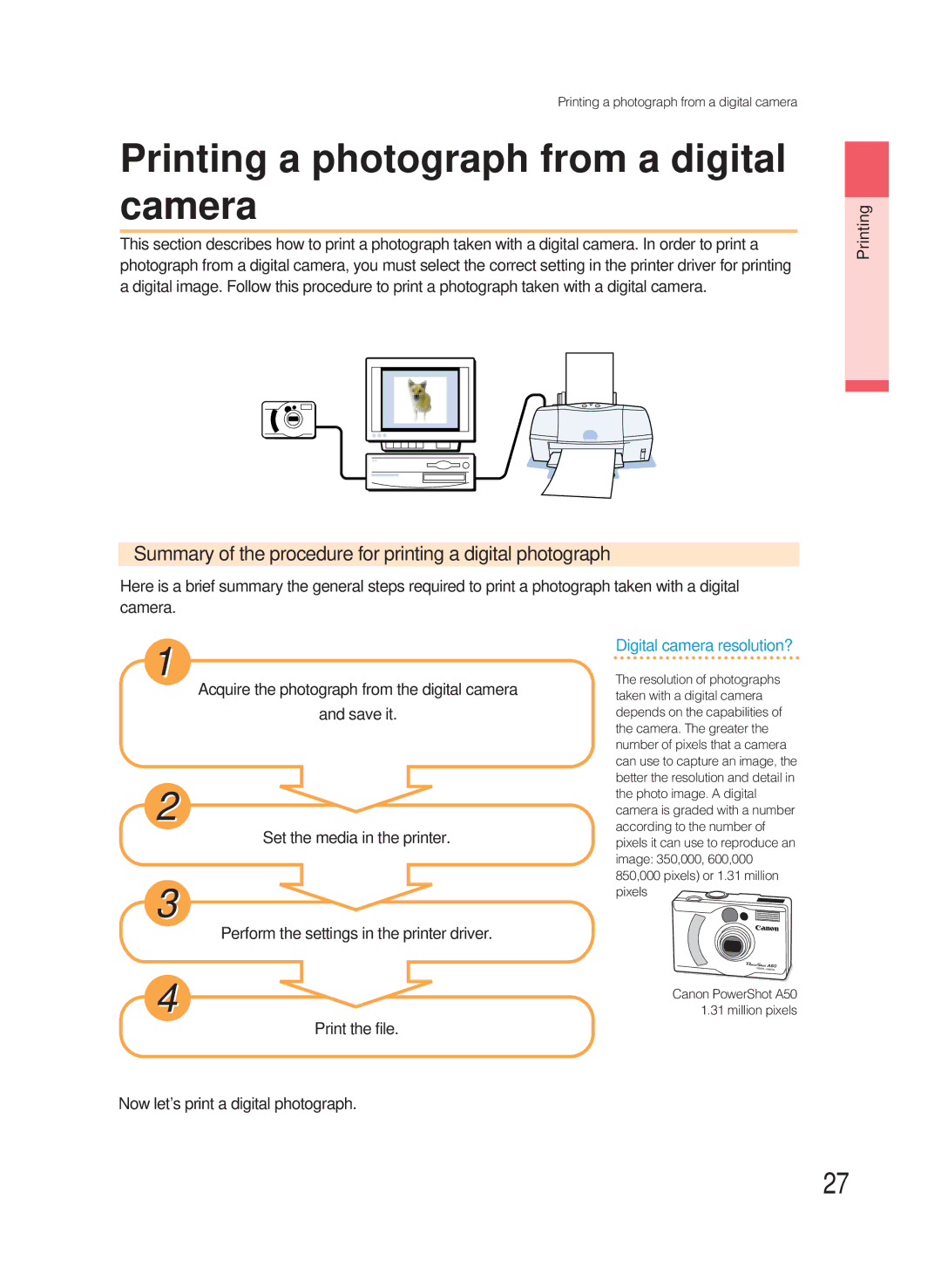 Canon 8200 manual Printing a photograph from a digital camera, Summary of the procedure for printing a digital photograph 