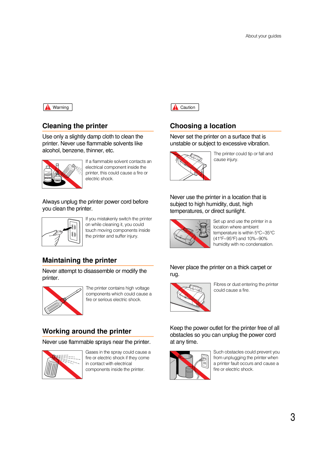 Canon 8200 manual Never attempt to disassemble or modify the printer, Never use flammable sprays near the printer 