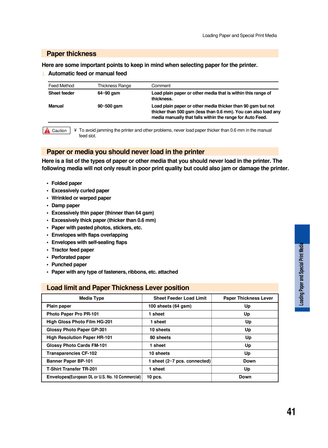 Canon 8200 manual Paper thickness, Paper or media you should never load in the printer 