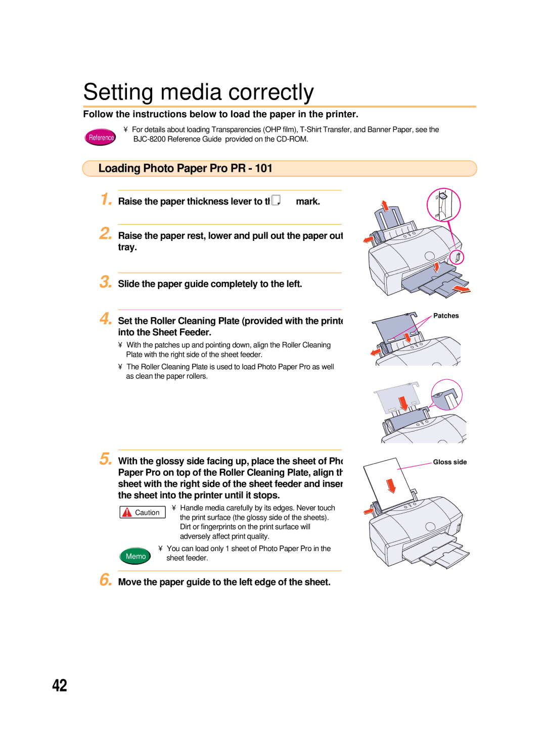 Canon 8200 manual Setting media correctly, Loading Photo Paper Pro PR, Raise the paper thickness lever to Mark 