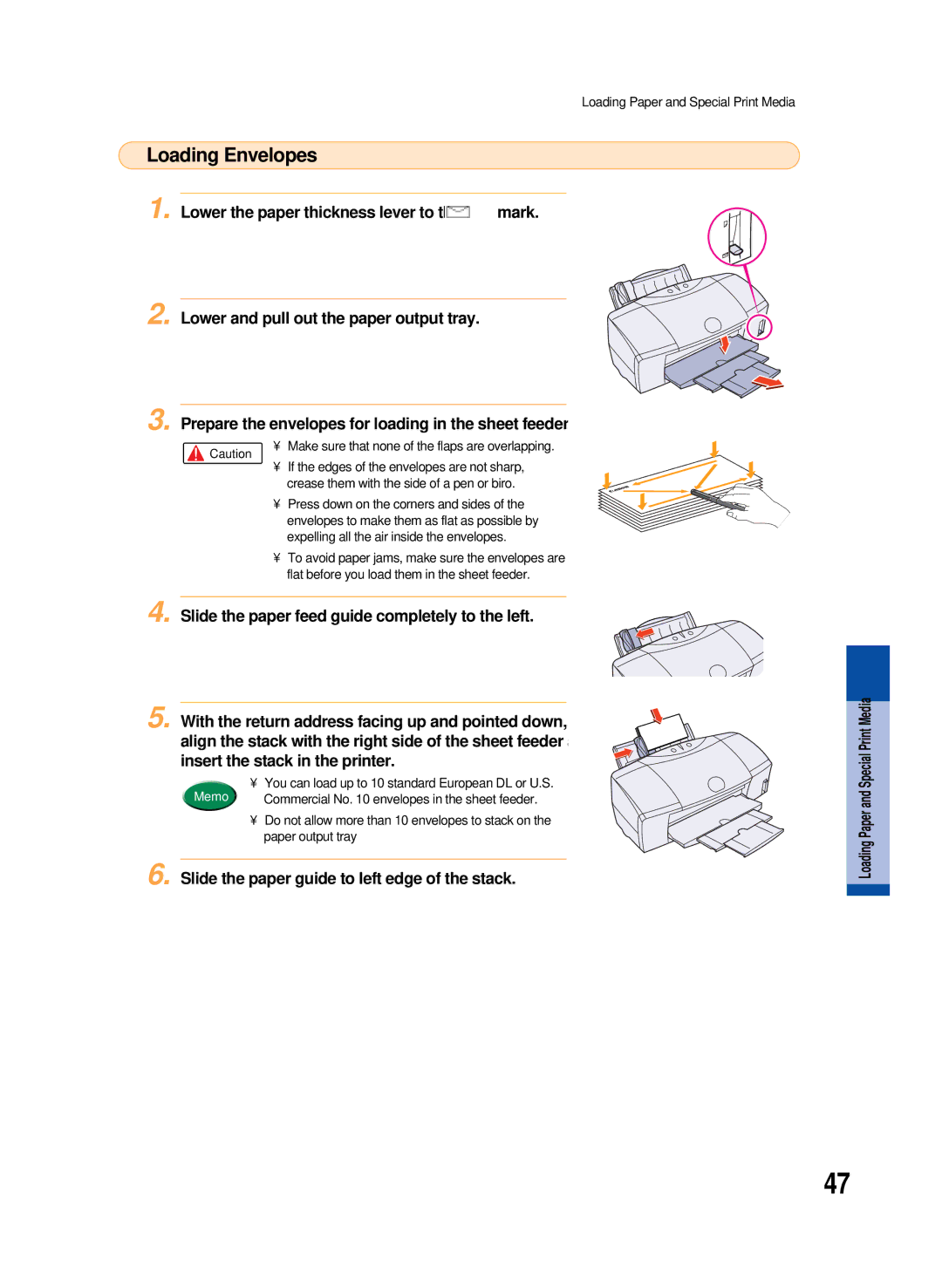 Canon 8200 manual Loading Envelopes, Slide the paper guide to left edge of the stack 