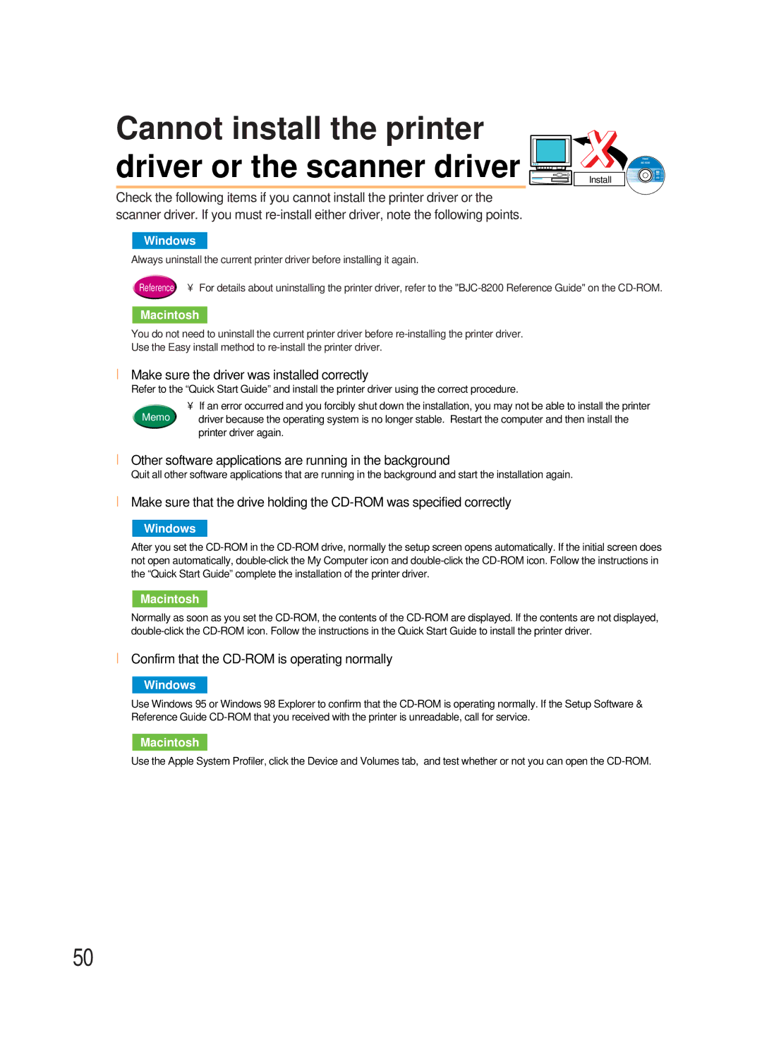 Canon 8200 manual Cannot install the printer, Make sure the driver was installed correctly 