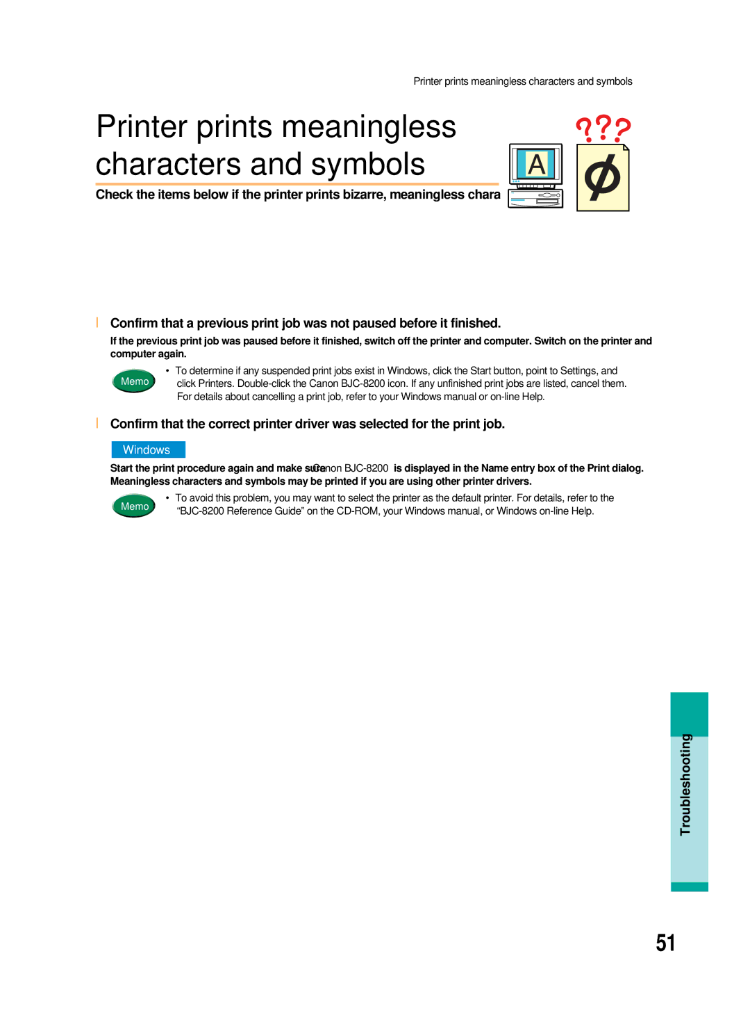 Canon 8200 manual Printer prints meaningless characters and symbols 