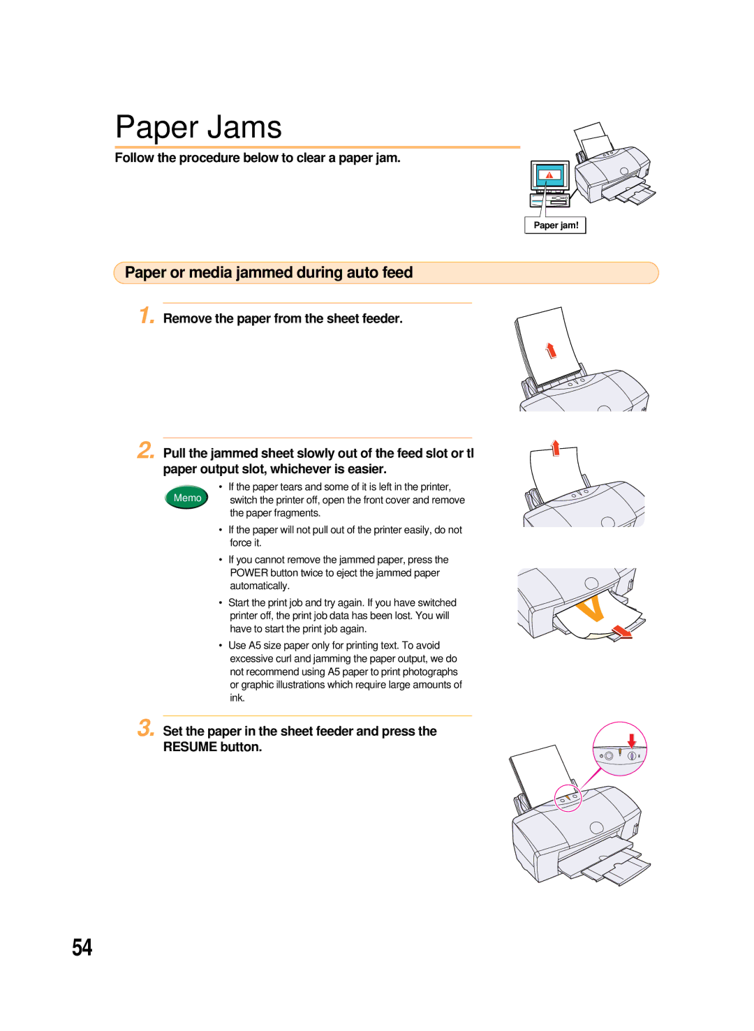 Canon 8200 manual Paper Jams, Paper or media jammed during auto feed, Follow the procedure below to clear a paper jam 