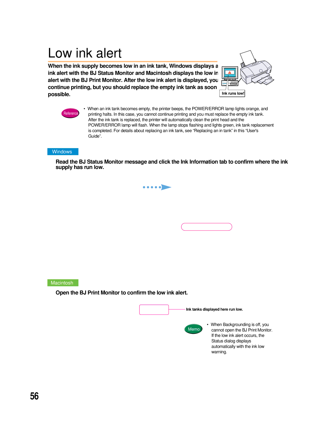 Canon 8200 manual Low ink alert, Possible, Open the BJ Print Monitor to confirm the low ink alert 