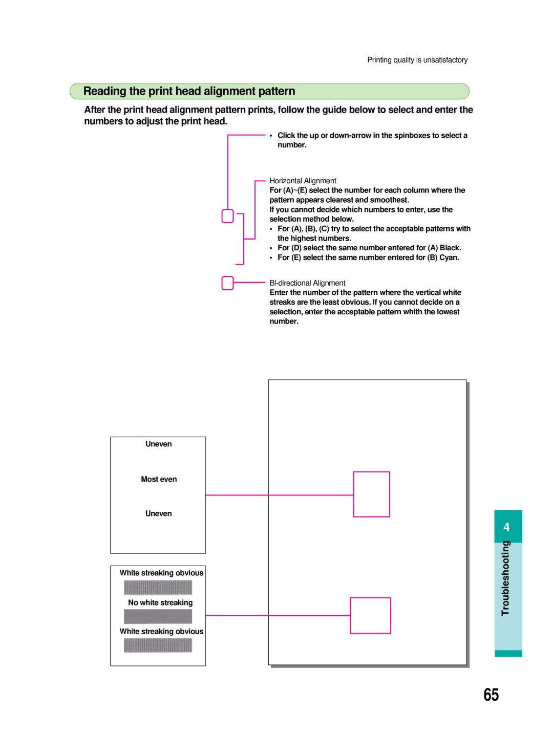 Canon 8200 manual Reading the print head alignment pattern, Horizontal Alignment 