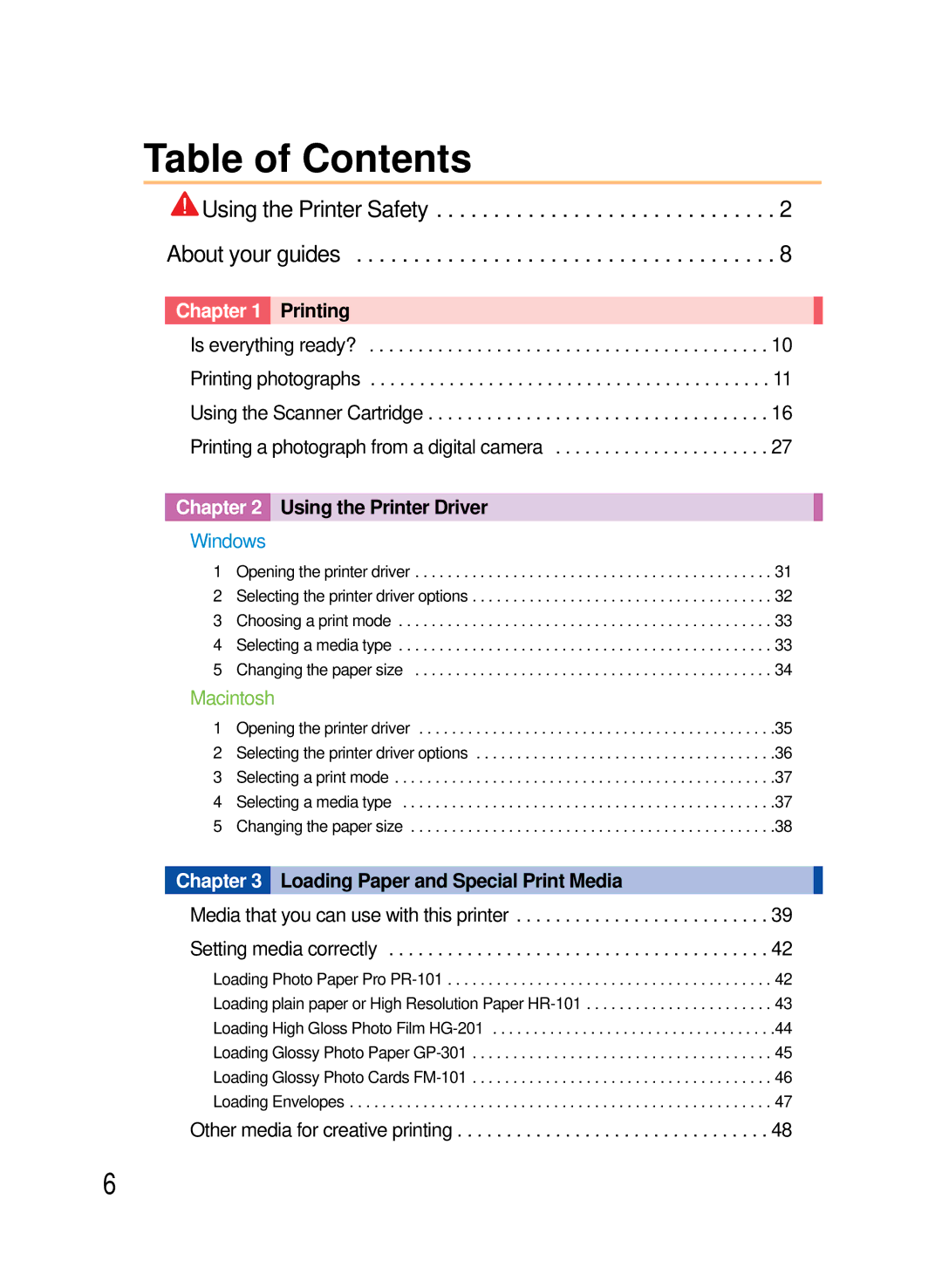 Canon 8200 manual Table of Contents 