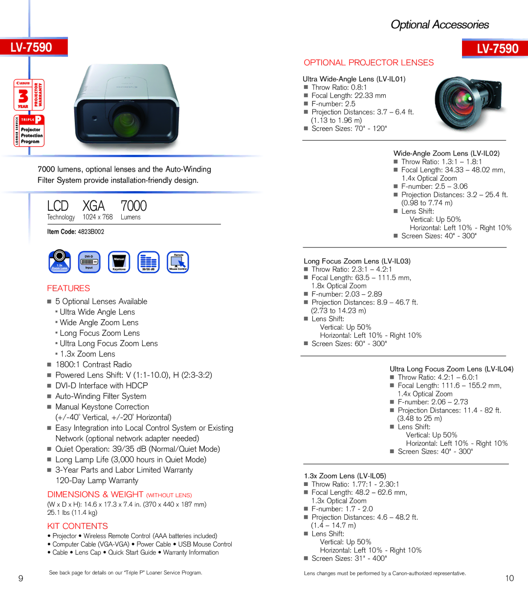 Canon 8310, 7290, 7390, 8225, 7295 manual Lcd Xga, LV-7590 