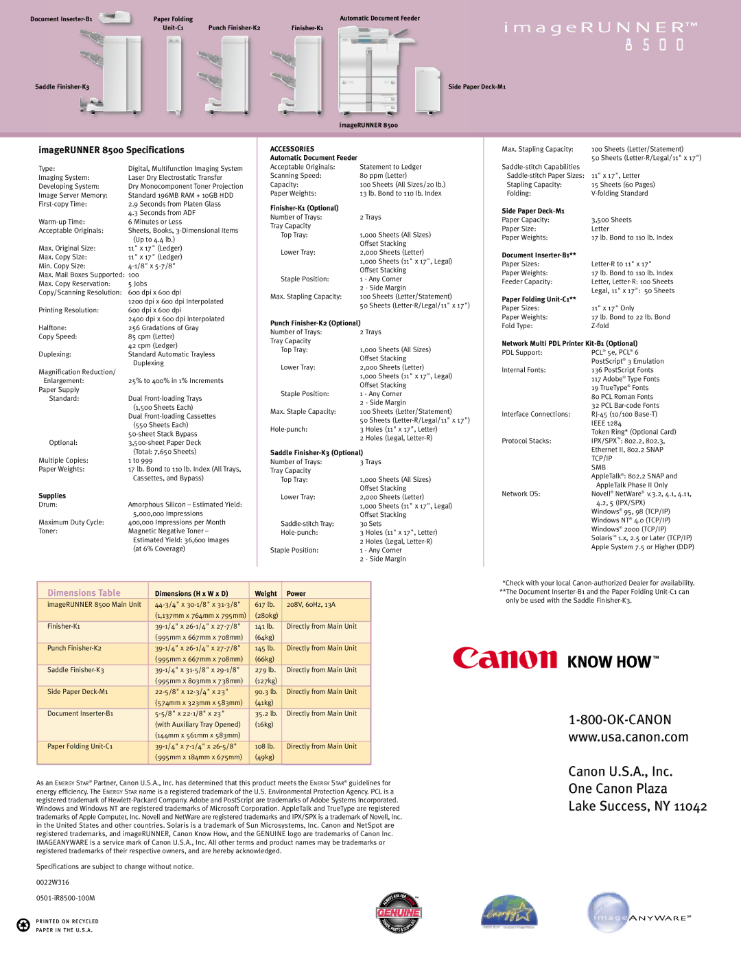 Canon 8500 manual Canon U.S.A., Inc One Canon Plaza Lake Success, NY 