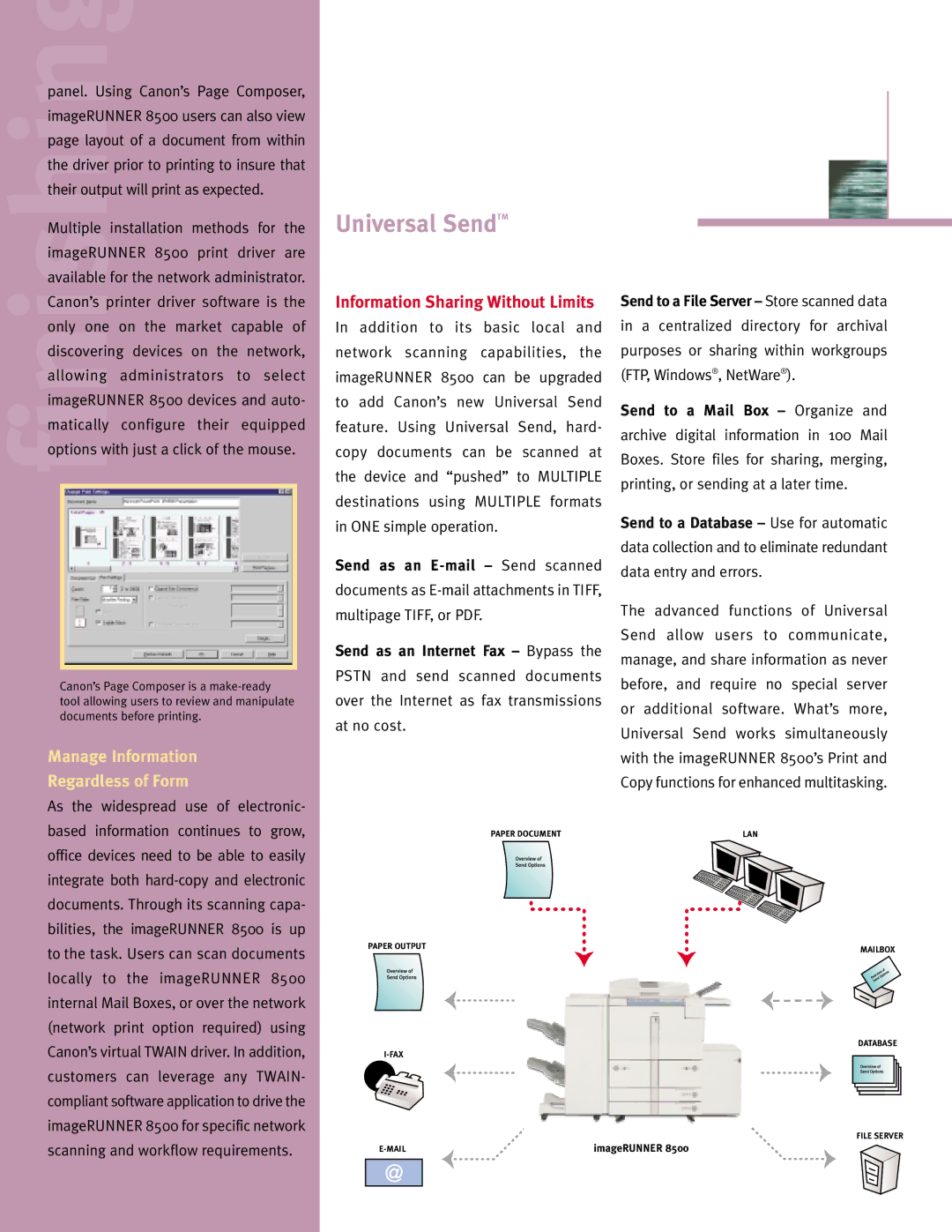 Canon 8500 manual Universal SendTM, Manage Information Regardless of Form 