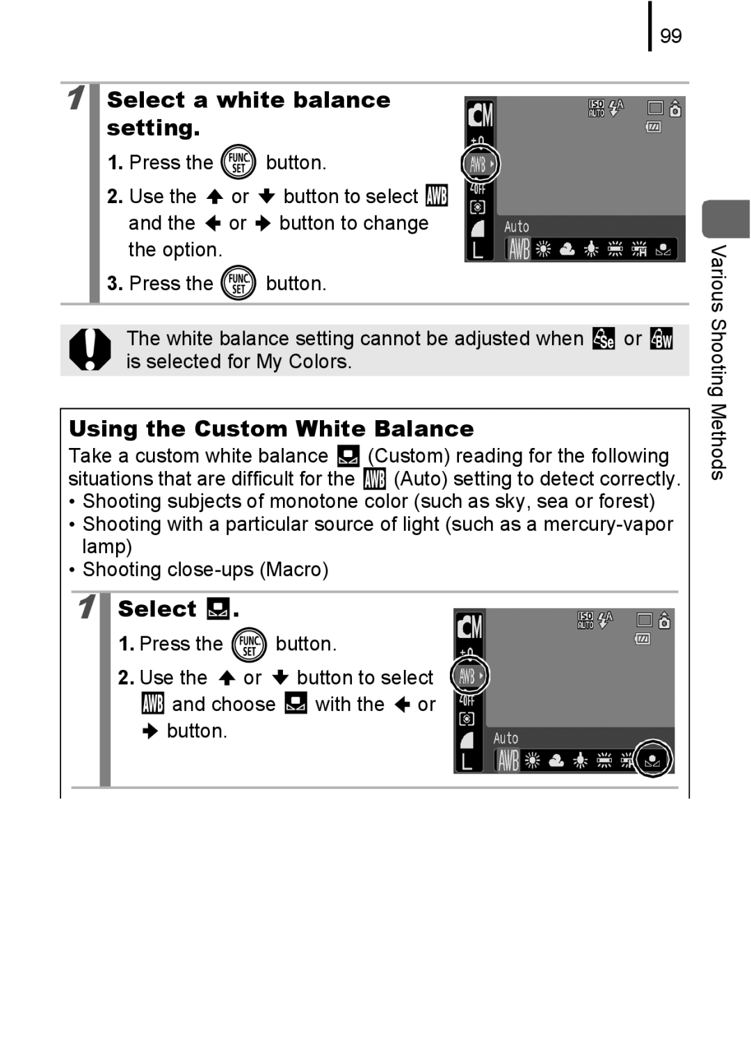 Canon 85IS manual Select a white balance setting, Using the Custom White Balance 