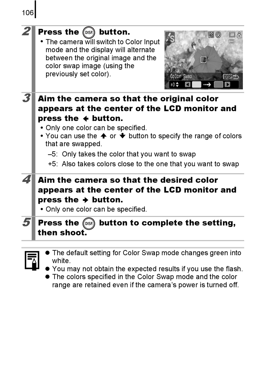 Canon 85IS manual 106, Color swap image using, Only one color can be specified 