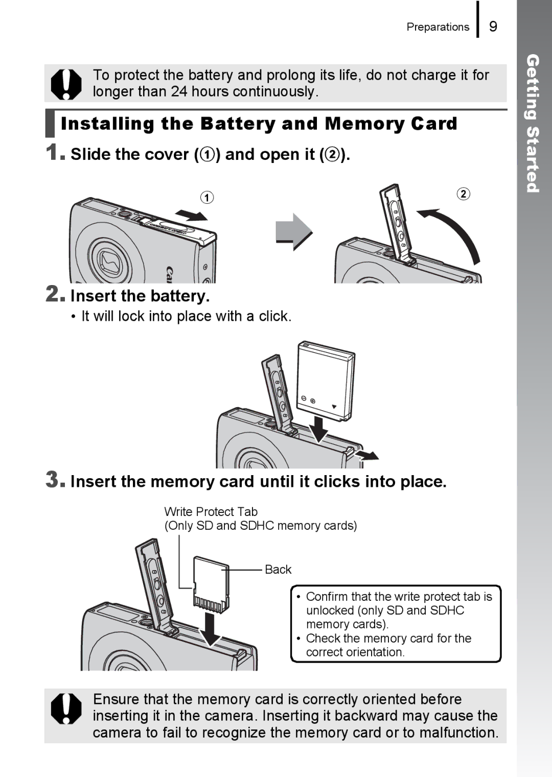 Canon 85IS manual Installing the Battery and Memory Card, Slide the cover a and open it b Insert the battery 