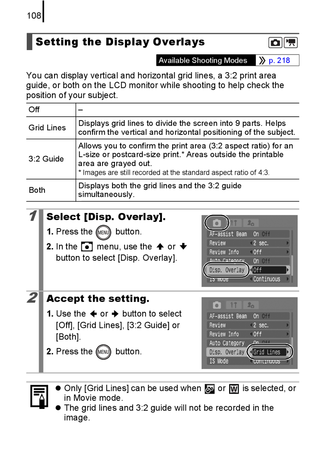 Canon 85IS manual Setting the Display Overlays, Select Disp. Overlay, 108 