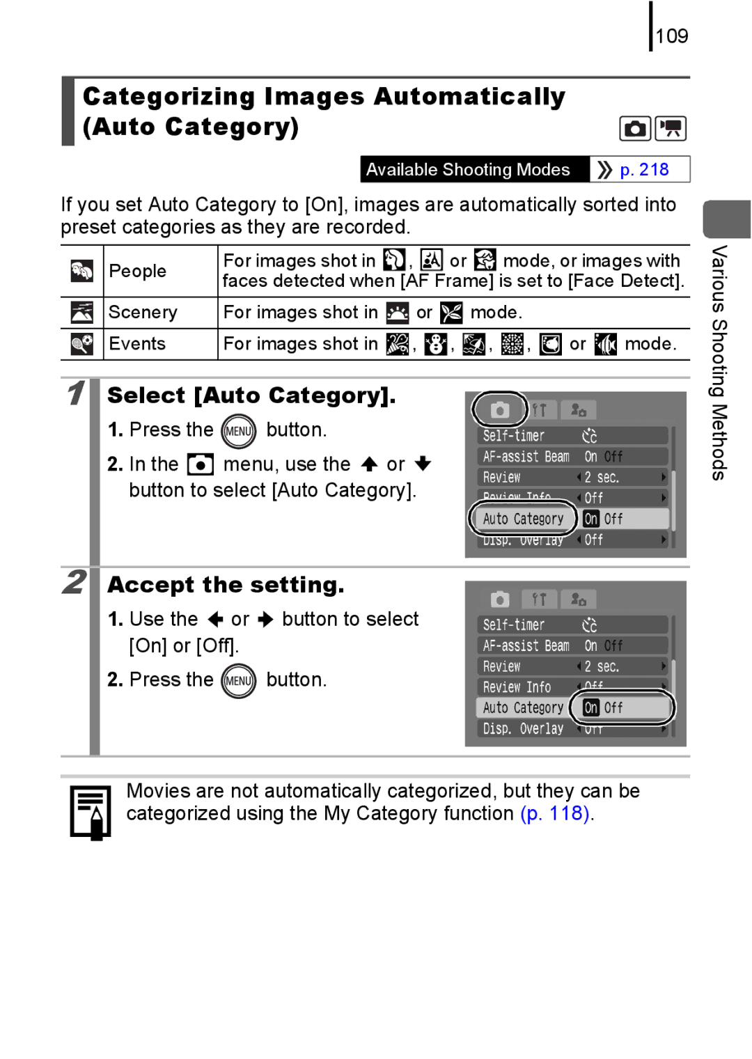 Canon 85IS manual Categorizing Images Automatically Auto Category, Select Auto Category, 109 