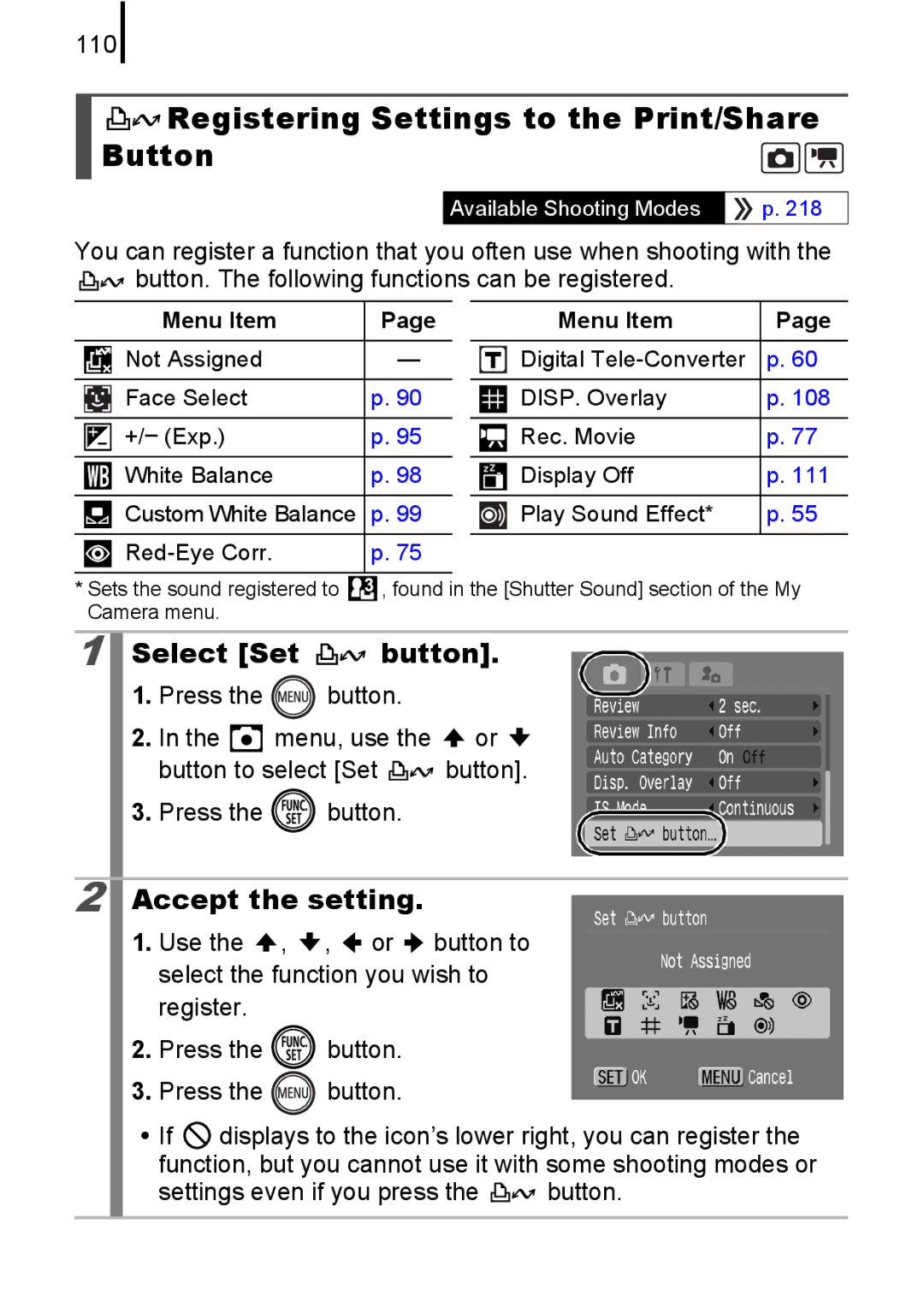 Canon 85IS Registering Settings to the Print/Share Button, Select Set button, 110, Settings even if you press the button 