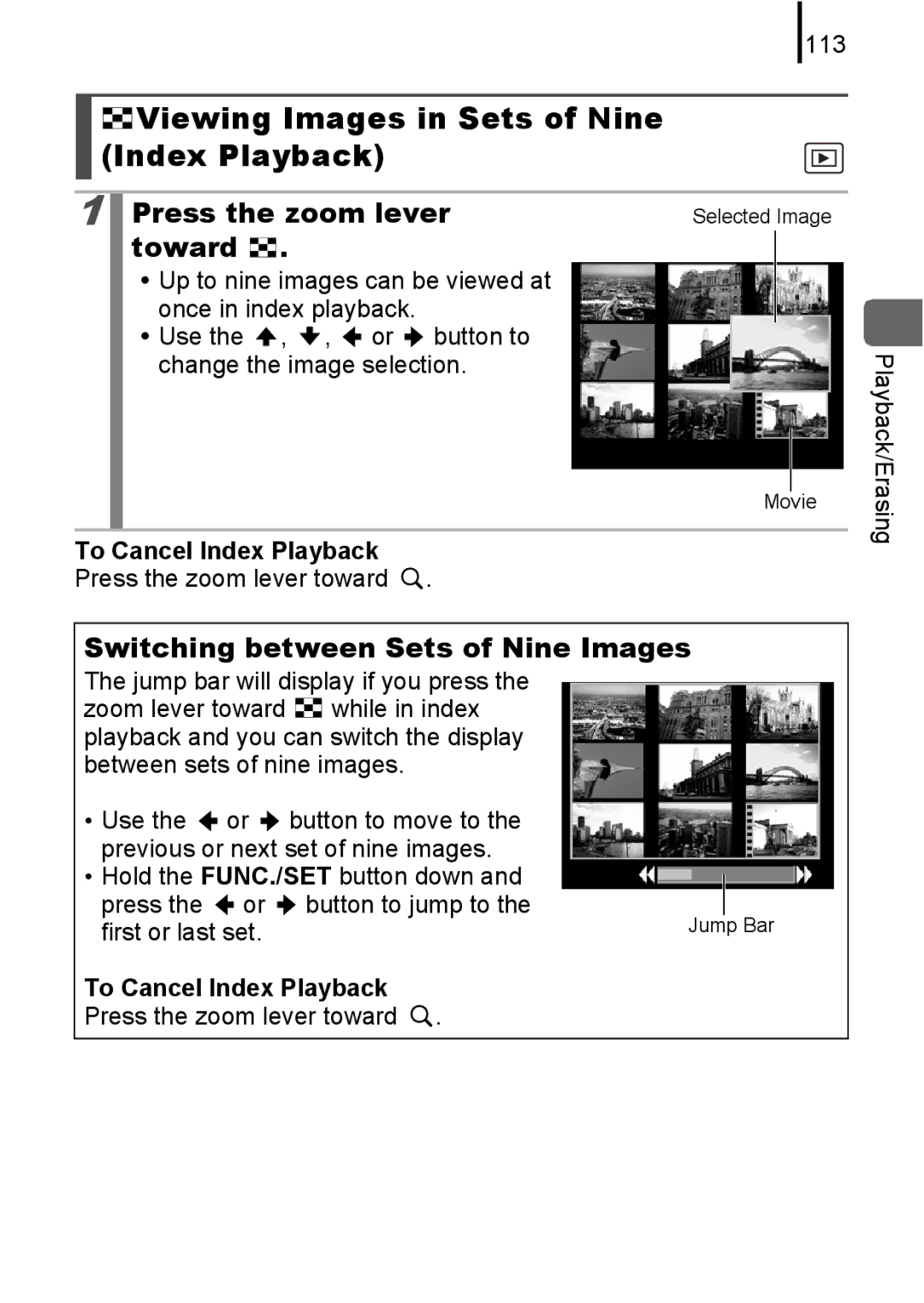 Canon 85IS manual Viewing Images in Sets of Nine Index Playback, Press the zoom lever, Toward, To Cancel Index Playback 